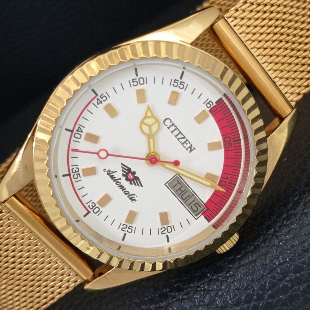 Vintage 1989 Citizen Automatic Mens Gold Watch W/daydate & White accents